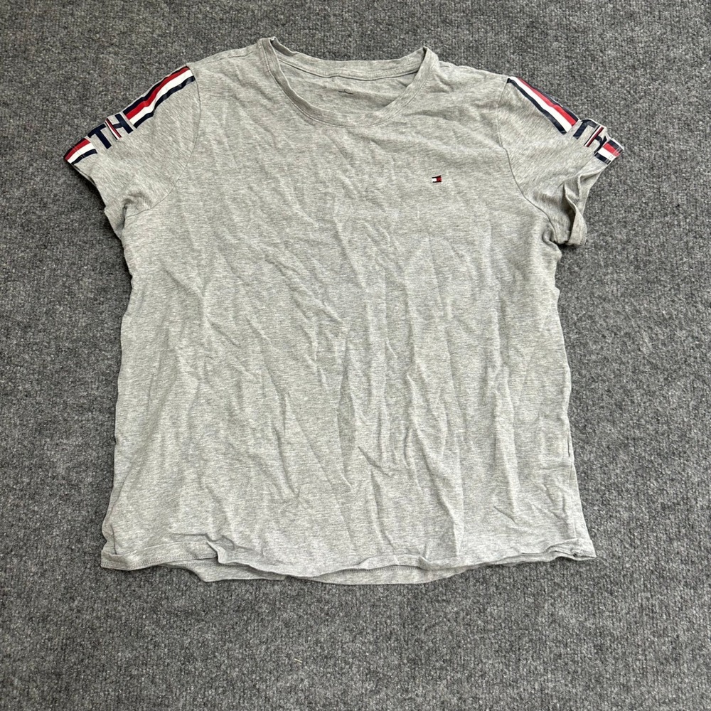 Tommy Hilfiger T-Shirt Womens Size L Gray Logo Tape Sleeve Crew Neck Classic Fit